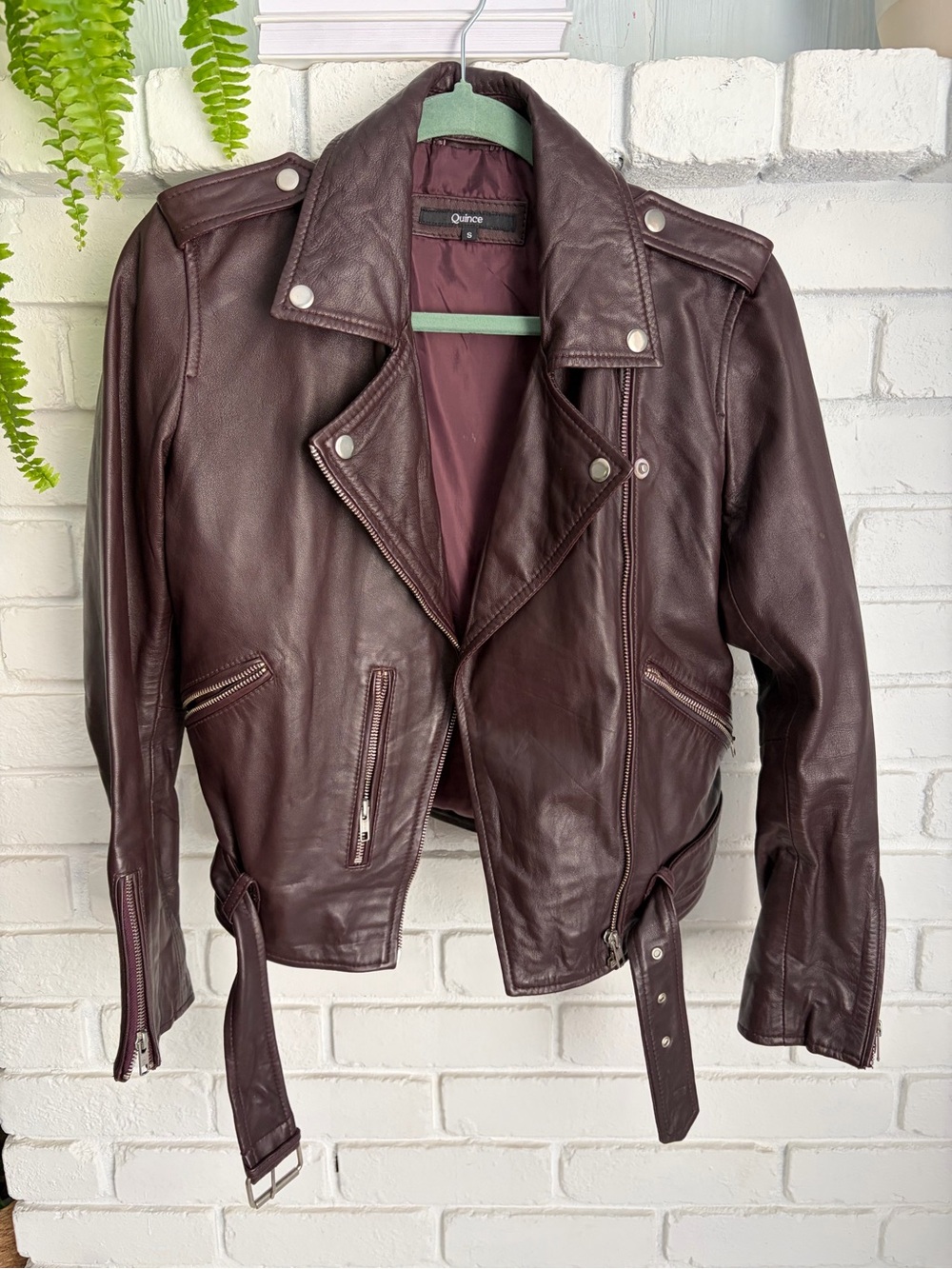 Quince Women's Leather Moto Jacket in Burgundy Plum